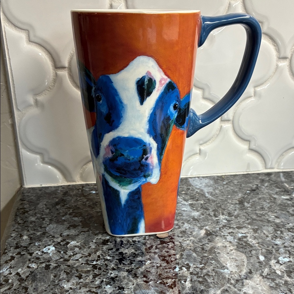 Blue Handle Orange Cow Ceramic Mug - Tall Drinkware